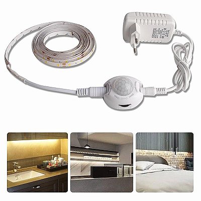 KIT FIta LED com Sensor de Presença Branco Quente 3 Metros + Fonte 2A