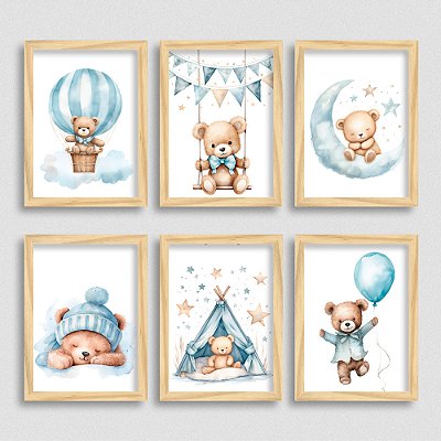 Quadro Urso Teddy Bear Quarto de Menino - Kit 6 UN