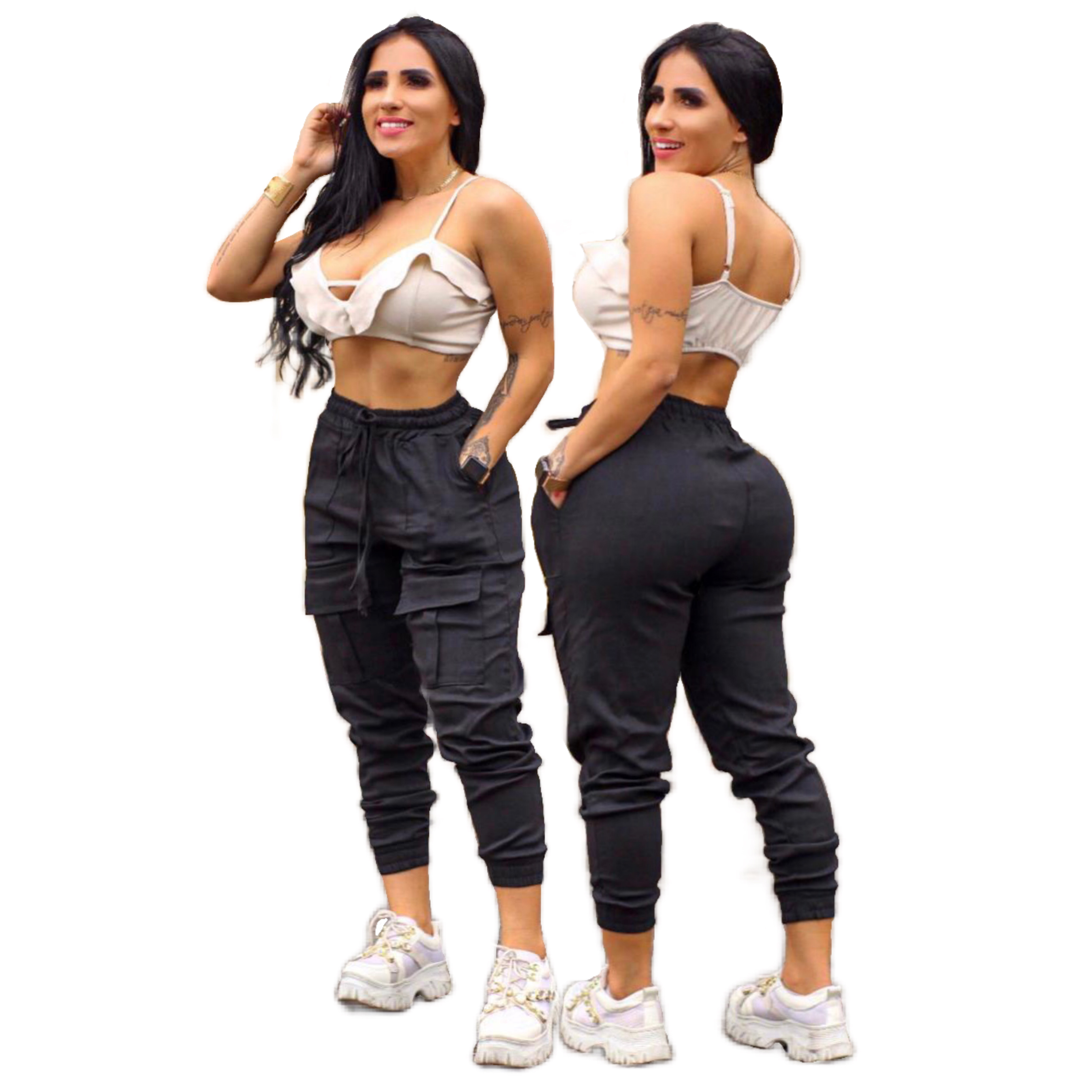 Calça Cargo Jogger Bolsos Pantacourt Laço Feminino Bengaline Moda