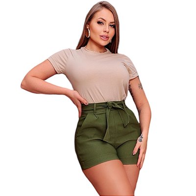 Short Curto Feminino Cintura Alta Com Cinto Laço E Bolsos