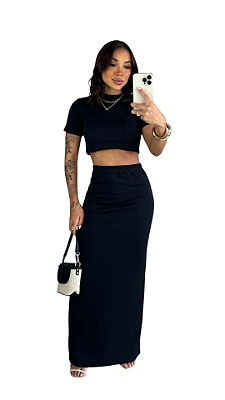 Conjunto Saia Longa com Fenda Atrás E Cropped Top Blusinha Manga Curta Feminino