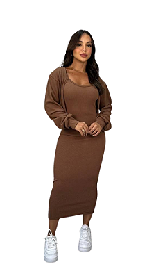 Conjunto Aerolook Femenino cropped manga longa com Vestido Midi
