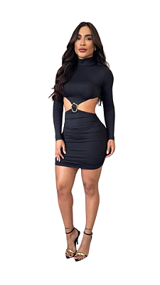 Vestido Feminino Curto Com Detalhe Recorte E Fivela Manga Longa Drapeado Suplex