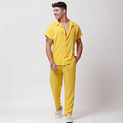 Conjunto Viscolinho Camisa e Calça Santo Luxo Man Amarelo