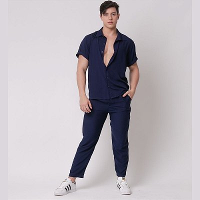 Conjunto Viscolinho Camisa e Calça Azul Escuro