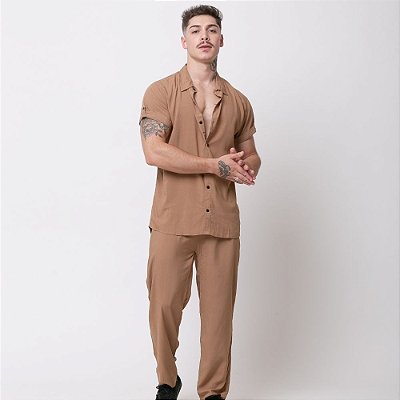Conjunto Viscolinho Camisa e Calça Marrom