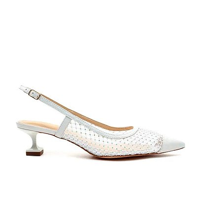 Cecconello - Slingback Branco Salto Baixo Tela Couro