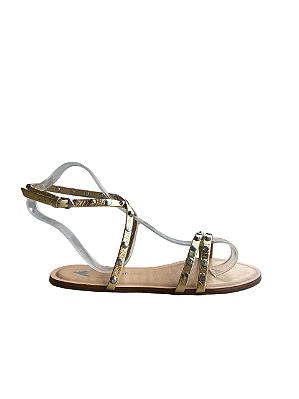 Carrano - Sandalia Flat Multi Studs Couro Spechio Metalizada Dourada