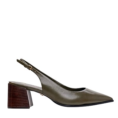 Carrano - Scarpin Slingback Classic Salto Bloco Couro Verde Herb