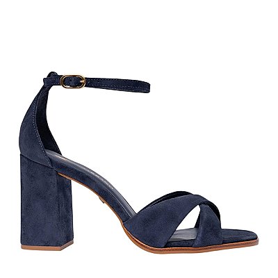 Carrano - Sandália Tiras Cruzadas Salto Bloco Couro Suede Azul Navy