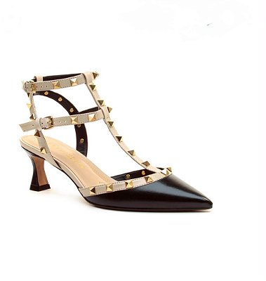 Cecconello - Scarpin Slingback Couro Preto detalhe off White Salto Baixo