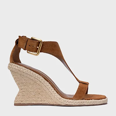 Carrano - Sandália Tira Frontal Salto Anabela Palha Couro Suede Marrom Saddle