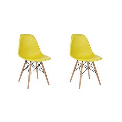 Kit 2x Cadeira Design Eames Eiffel DAR Ray Pes Madeira Salas Florida Amarela Assento Polipropileno Fratini