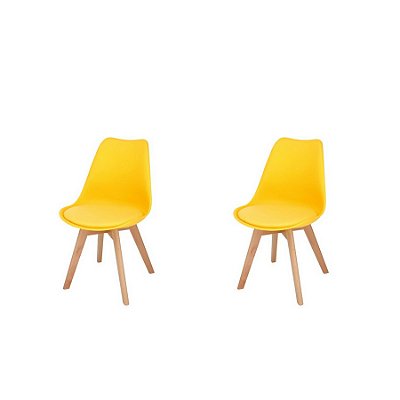 Kit 2x Cadeira Design Eames Eiffel DAR Ray Pes Madeira Salas Siena Amarela Assento Couro Fratini