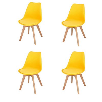 Kit 4x Cadeira Design Eames Eiffel DAR Ray Pes Madeira Salas Siena Amarela Assento Couro Fratini