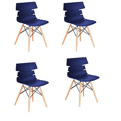 Kit 4x Cadeira Design Eames Eiffel DAR Ray Pes Madeira Salas Valencia Azul Marinho Assento Polipropileno Fratini