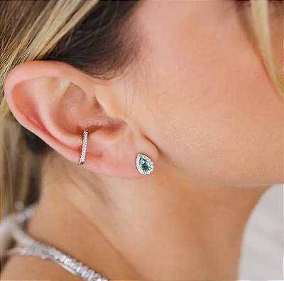 Brinco Gota Pedra Azul Céu Cravejado Com Zircônias Cristais Mini