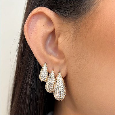 Kit Trio de Brincos Argolas Gota Grande Cravejada com Zircônias Cristais