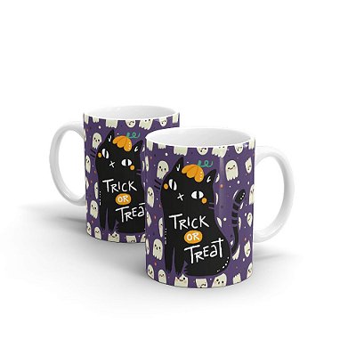 Caneca Cerâmica Branca - HALLOWEEN GATO PRETO