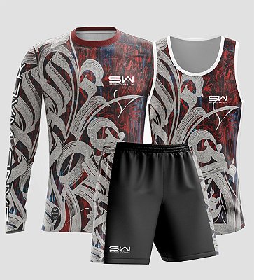 Kit Masculino | Manga Longa, Regata e Shorts | Grafite Premium Vermelho