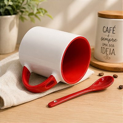 Caneca de Porcelana com Colher Vermelha - Sublimação