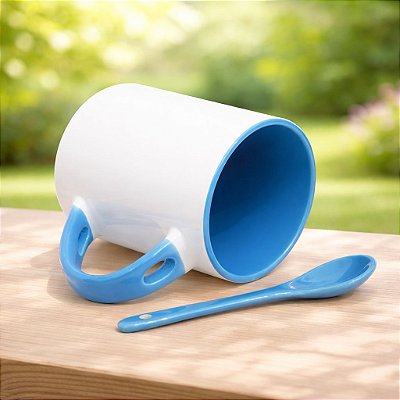 Caneca de Porcelana com Colher Azul Claro - Sublimação