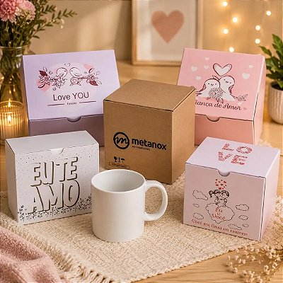 Kit 24 Caneca branca de porcelana Metalnox + Caixinha Dia dos Namorados para sublimação 325ML – LINHA AAA