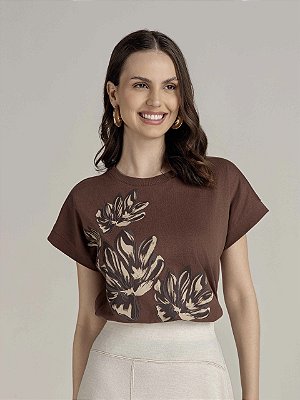 T-Shirt Flor Marrom Modo