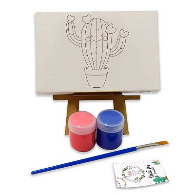 AL103 - Lembrancinha Kit Pintura Cavalete com Tela Gravada - Tema Cactus