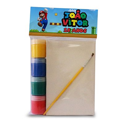 AL214 - Lembrancinha Kit Pintura com 4 tintas, Pincel e Tela para Pintar - Super Mario