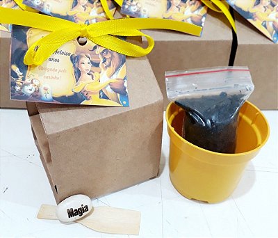 AL029 - Kit Cultivo Cestinha Kraft com Semente Personalizada - A Bela e a Fera