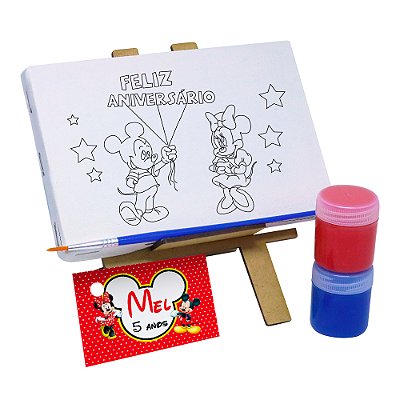 AL103 - Lembrancinha Kit Pintura Cavalete com Tela Gravada - Tema Mickey e Minnie