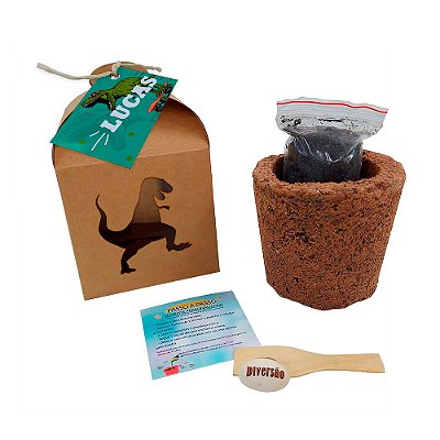 AL122 - Lembrancinha Plante e Cultive Kraft Personalizado com Vaso Eco - Dinossauro