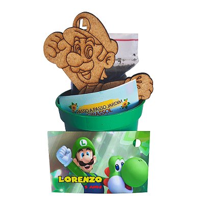 AL348 - Lembrancinha Cultivo com Mini Vaso e Aplique Personalizado MDF - Luigi (Super Mario)