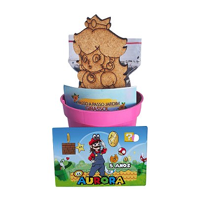 AL348 - Lembrancinha Cultivo com Mini Vaso e Aplique Personalizado MDF - Princesa (Super Mario)