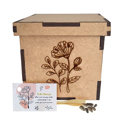 AL008 - Brinde Eco Caixa mdf Personalizada com Sementes de Flores ou Temperos - Dia da Mulher 2