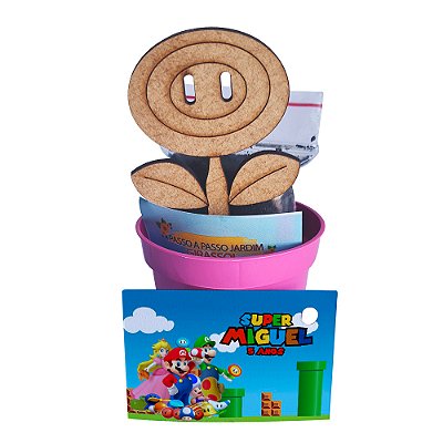 AL348 - Lembrancinha Cultivo com Mini Vaso e Aplique Personalizado MDF - Flor de Fogo (Super Mario)