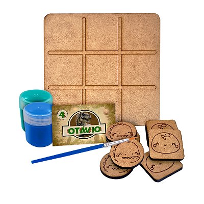 AL067 - Lembrancinha Jogo da Velha Tabuleiro com Peças Personalizadas, Tintas e Pincel - Tema Dinossauro