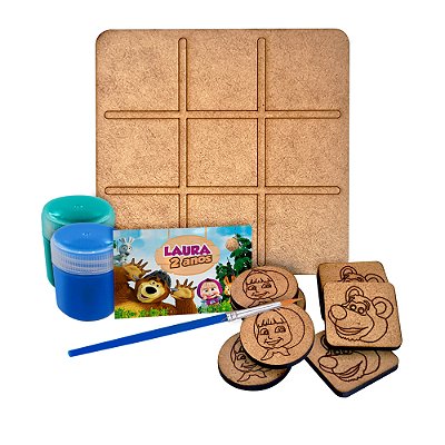 AL067 - Lembrancinha Jogo da Velha Tabuleiro com Peças Personalizadas, Tintas e Pincel - Tema Masha e o Urso