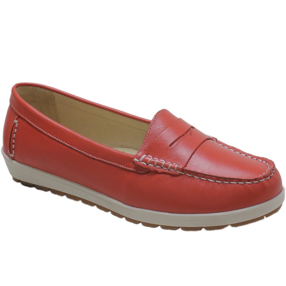 MOCASSIM FEMININO EM COURO LEGÍTIMO MARCA FRANCA BRASIL CONFORTO COR CORAL  - Loja Franca Brasil