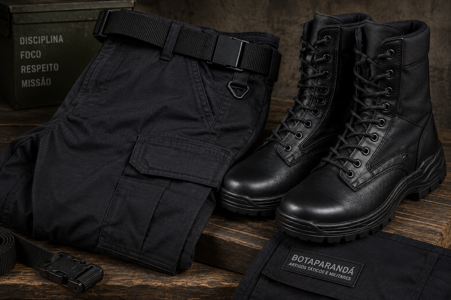 Calça tática preta Ripstop e coturno militar Botaparandá para uso profissional