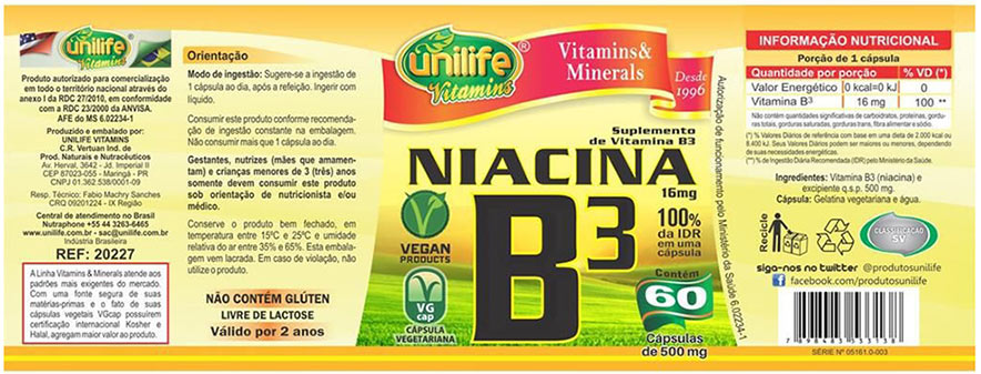 Vitamina B3 Niacina Unilife - 60 Cápsulas 