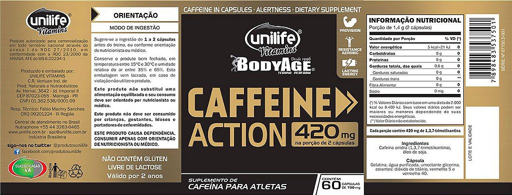 Cafeína 420mg Caffeine Action Unilife 60 cápsulas - Edin