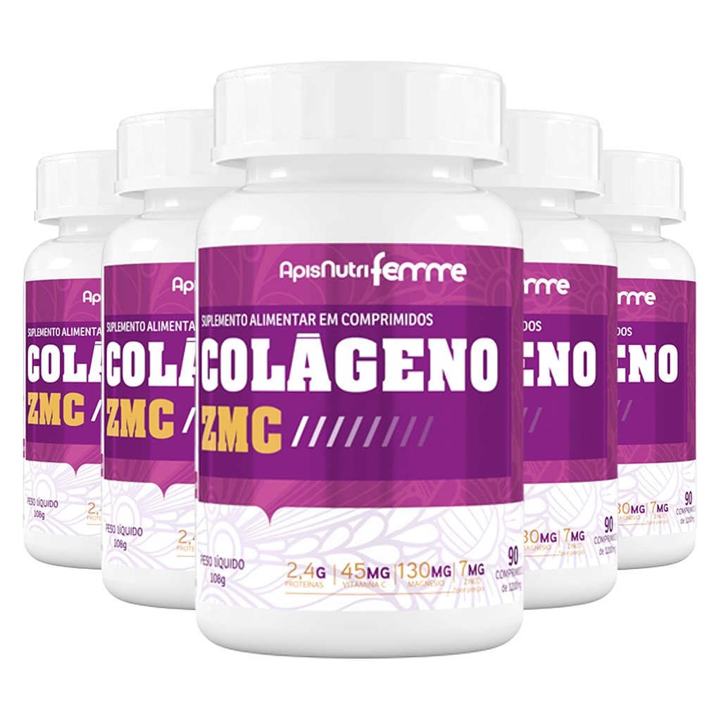 Kit 5 Colágeno ZMC Apisnutri Femme 1200mg 90 comprimidos - Edin
