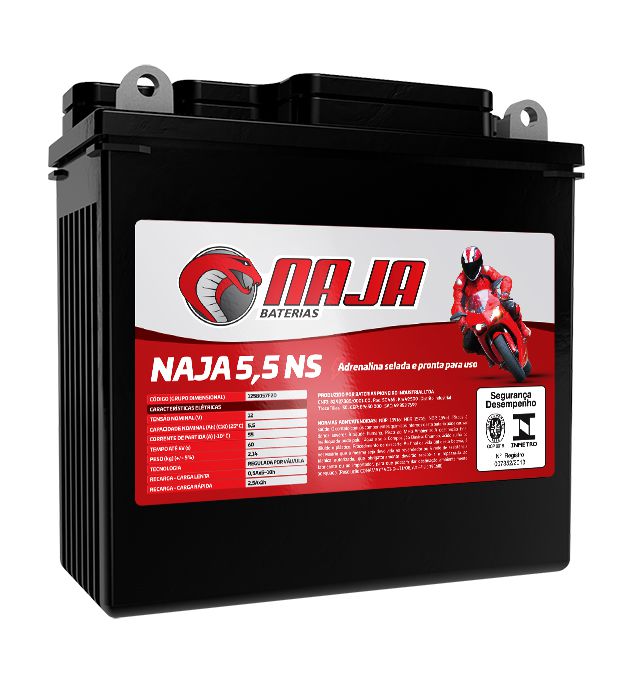Bateria de Moto NAJA 5,5 NS 12V 5,5AH YBR 125 RD/RDZ 125 - Vivemos Moto