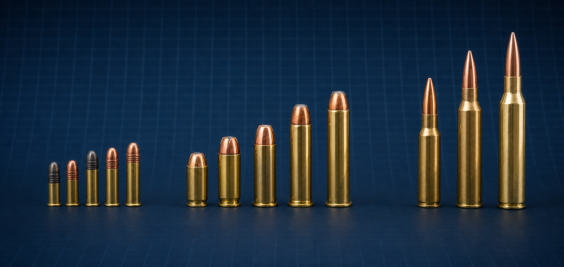 Famílias de calibres .22, .38 e 9mm, .30 e 7,62 organizadas em três grupos