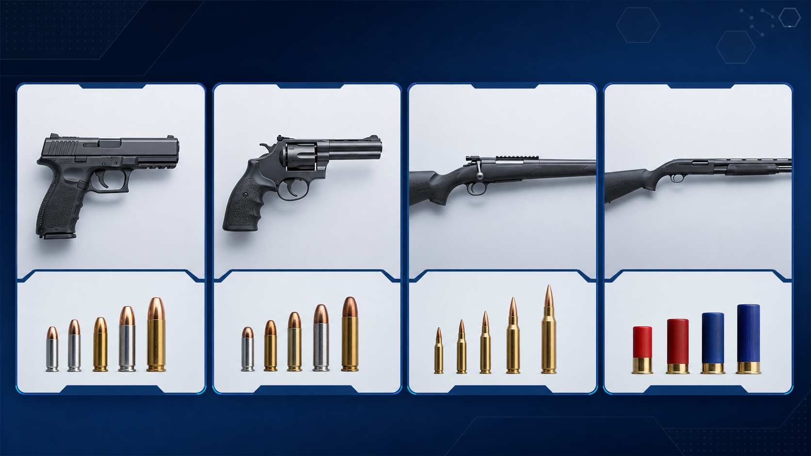 Comparação educativa entre pistola, revólver, rifle, espingarda e famílias de calibres