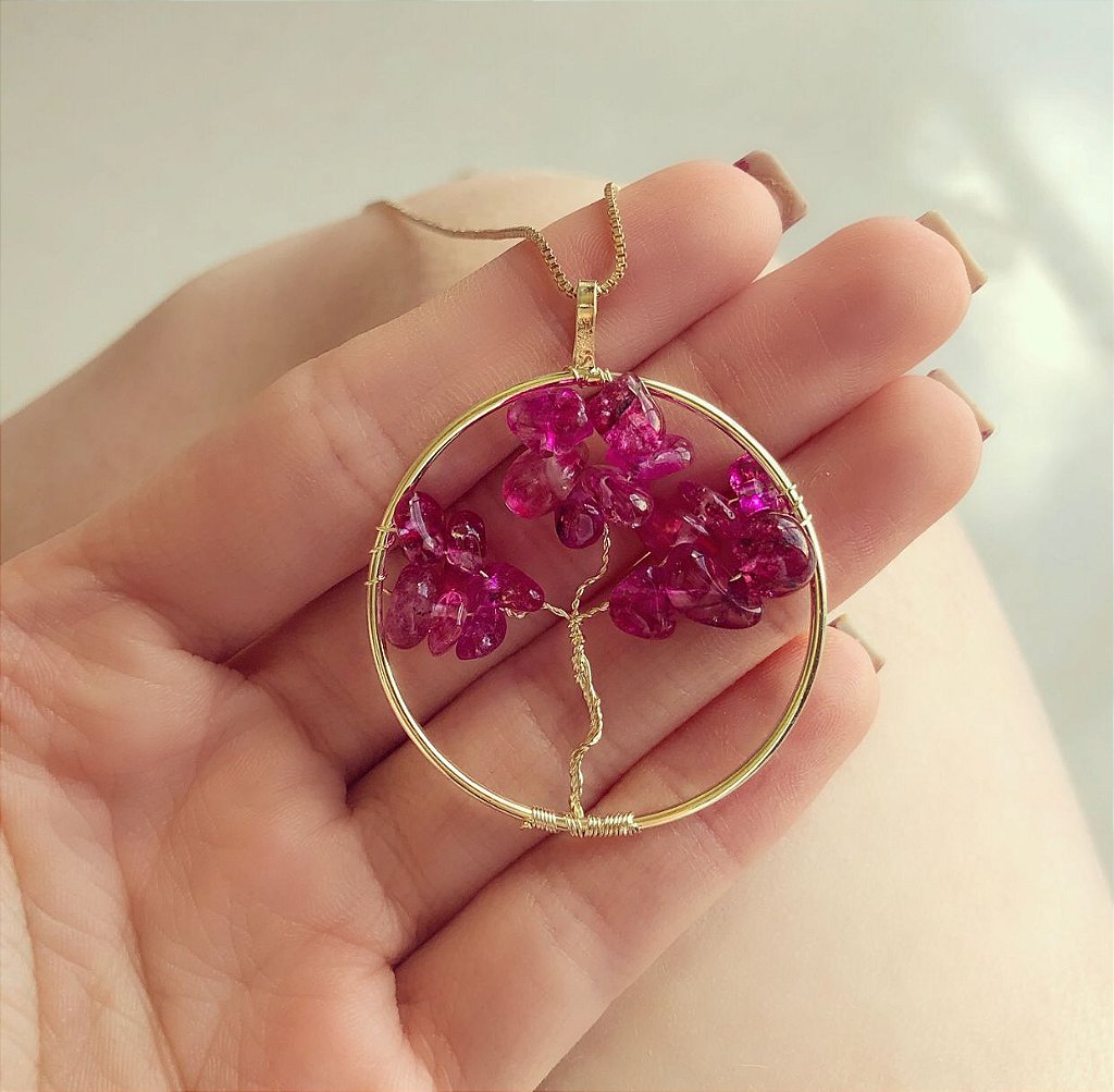 Colar Longo Mandala Árvore da Vida com Pedras Naturais Agata Rosa Pink  Dourado - Angela Jesus - Semi Joias de luxo para você!