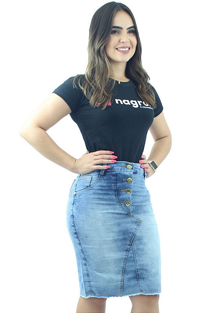 saias jeans de botoes na frente