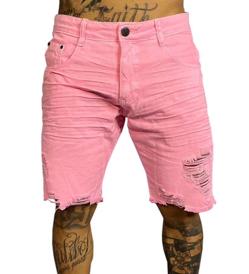 Bermuda Jeans Rosa Super Skinny Destroyed Traje Urbano
